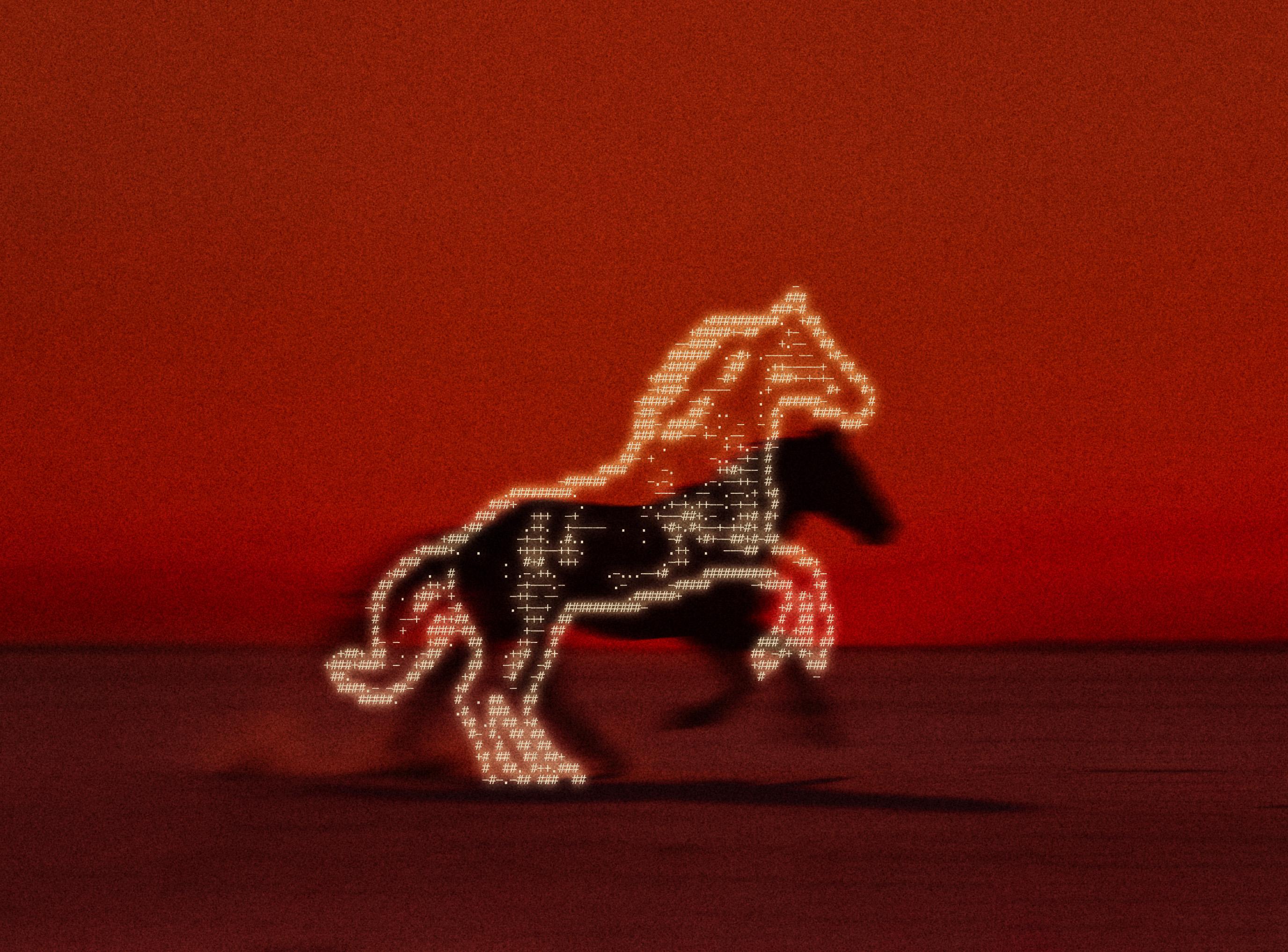 A glowing ASCII-art horse galloping across a red plain at dusk
